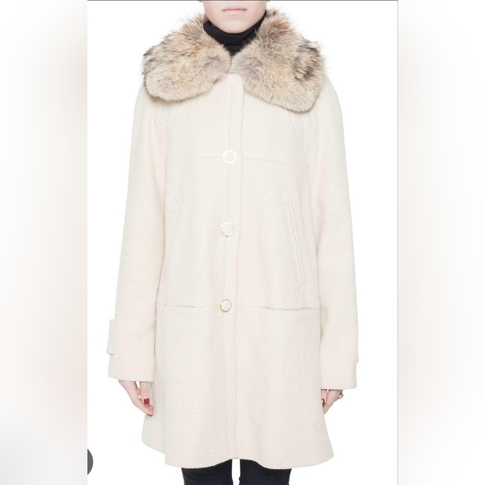 Tory Burch Cream Lurex Insert Fur Collar Detail Ivan Long Coat Size S NWT